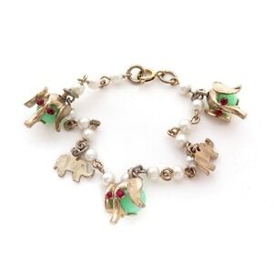 VINTAGE GOLD PLATED ELEPHANT PEARL‎ CHARM BRACELET